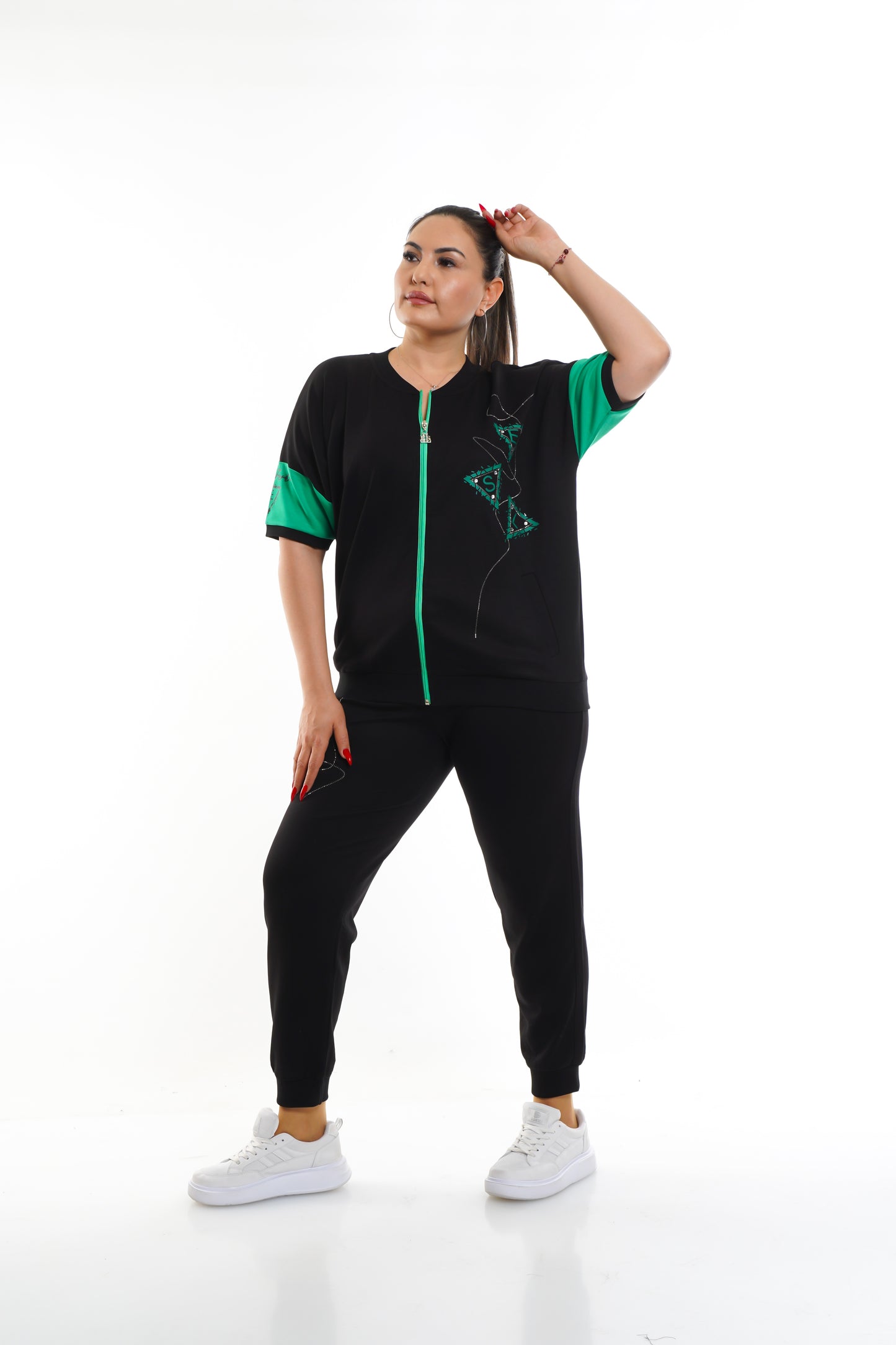 MAIZZA Black-Green Zip-Up Knitted Two Piece