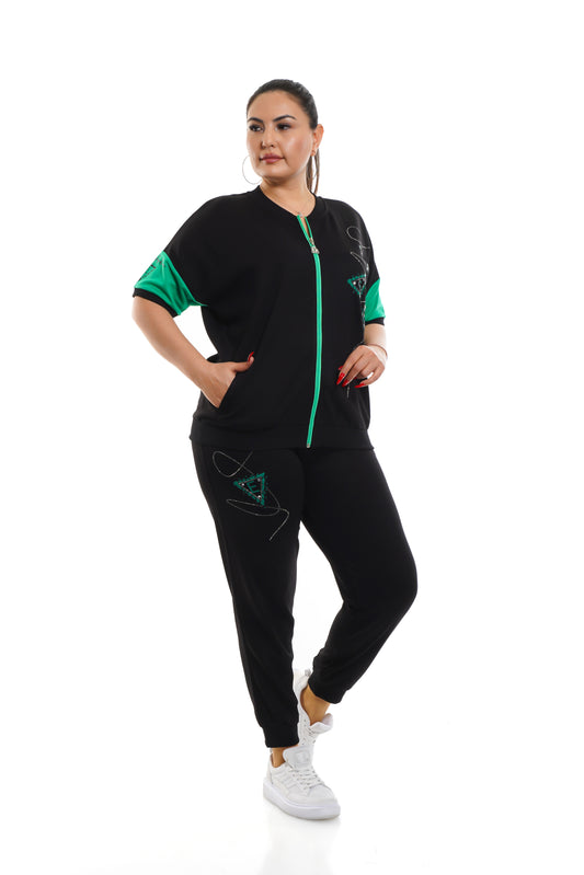 ESLOI Black-Green Zip-Up Knitted Two Piece